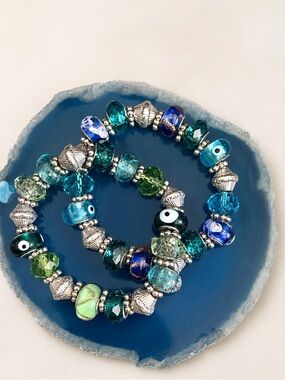 Source Unknown Blue, Teal & Green Glass Bead Stretch Bracelet Duo
